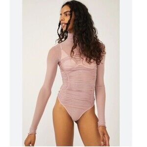Free People Pink Sheer Long Sleeve Bodysuit